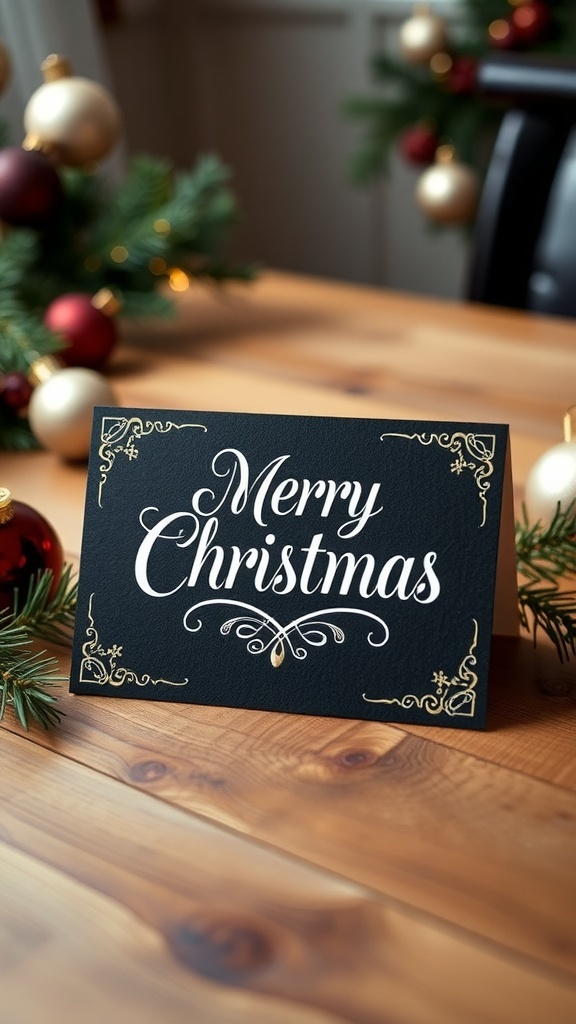 DIY Black Christmas Cards A DIY black Christmas card with white lettering and gold decorations on a wooden table.